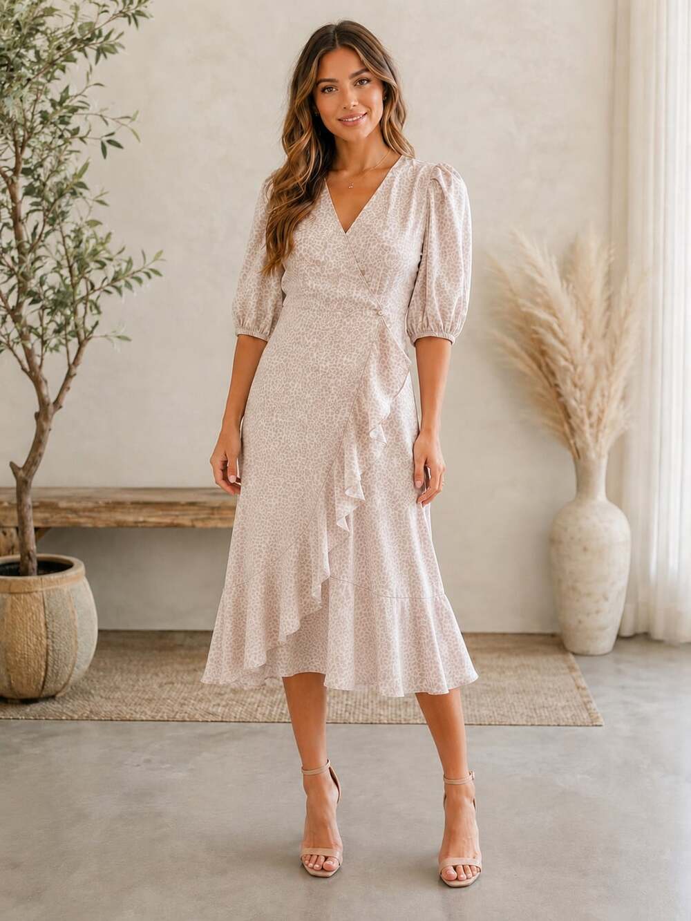 Lucy Paris Leopard Print Wrap Midi Dress S Puff Sleeve Ruffle Hem Blush Pink